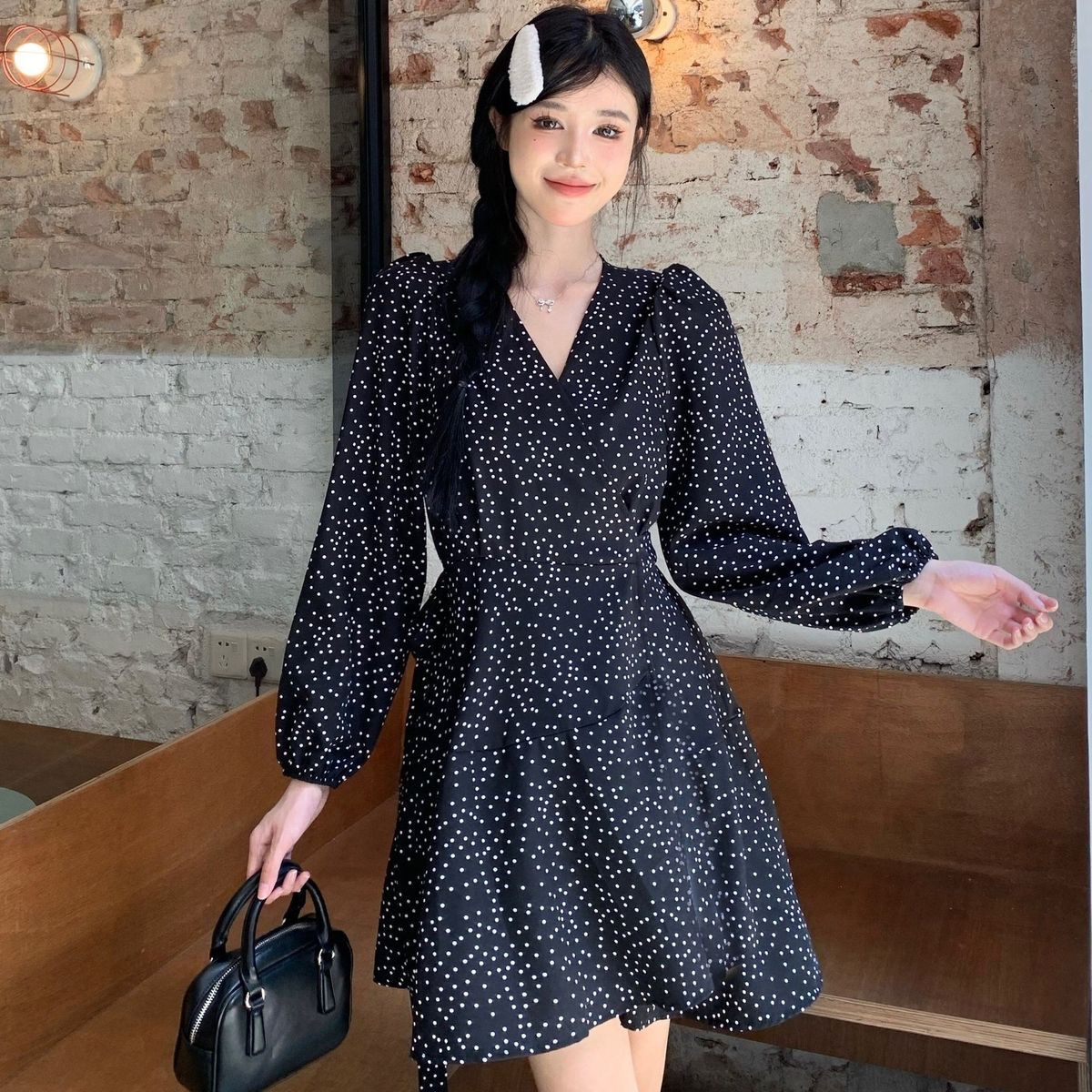 Summer Plus Size Polka Dot V-Neck One-Piece Midi Dress with Tie - Image 2