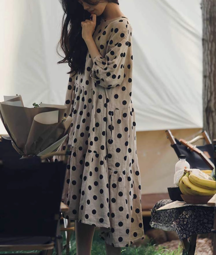 Plus Size Cotton Linen French Style Polka Dot A-Line Midi Dress with Half Sleeves