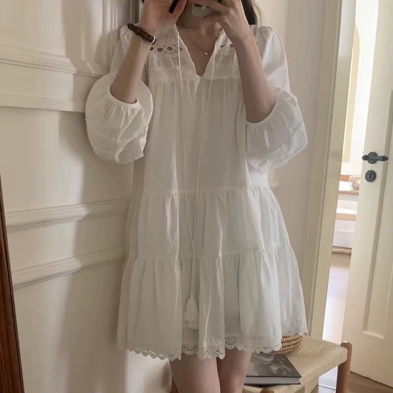 Summer New Plus Size Women White Cutout Dress Ethnic Style New Chinese Slimming Short Dress