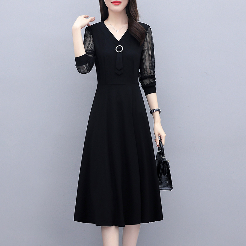 Elegant Plus Size V-Neck Lace Panel Slimming Long Sleeve Dress Black - Image 3