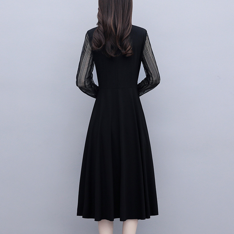 Elegant Plus Size V-Neck Lace Panel Slimming Long Sleeve Dress Black - Image 5