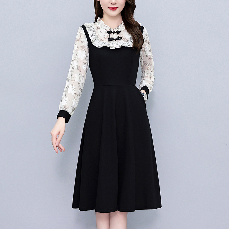 Plus Size Chiffon Print Faux Two Piece Slim Fit Midi Dress Long Sleeve Elegant