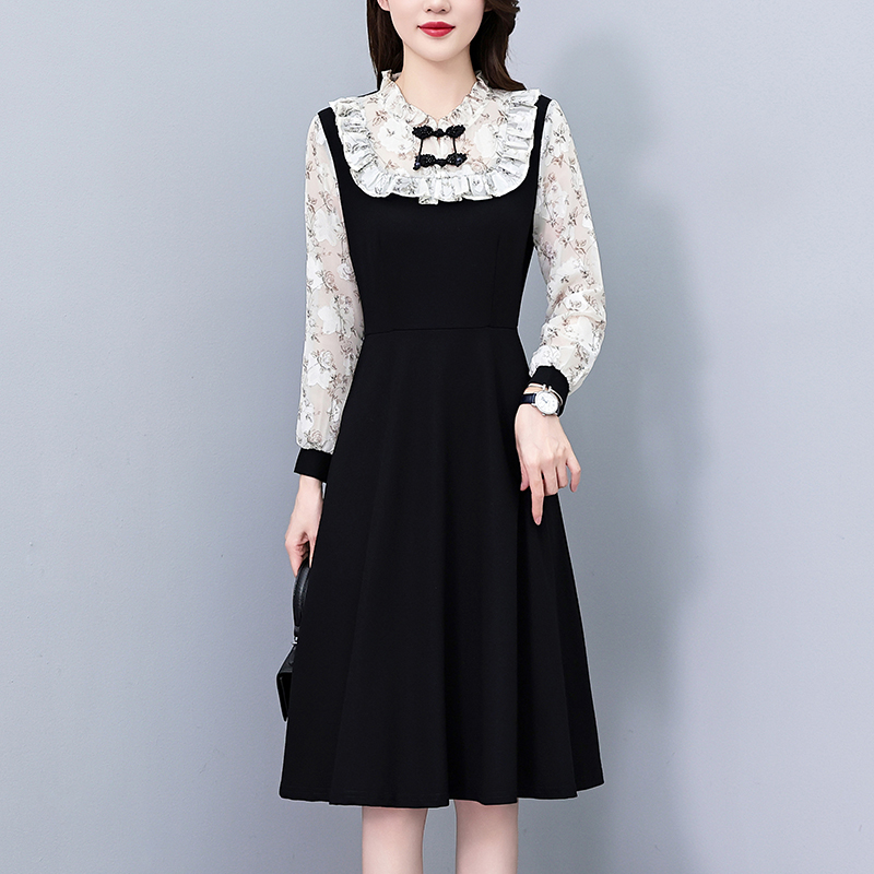 Plus Size Chiffon Print Faux Two Piece Slim Fit Midi Dress Long Sleeve Elegant - Image 2