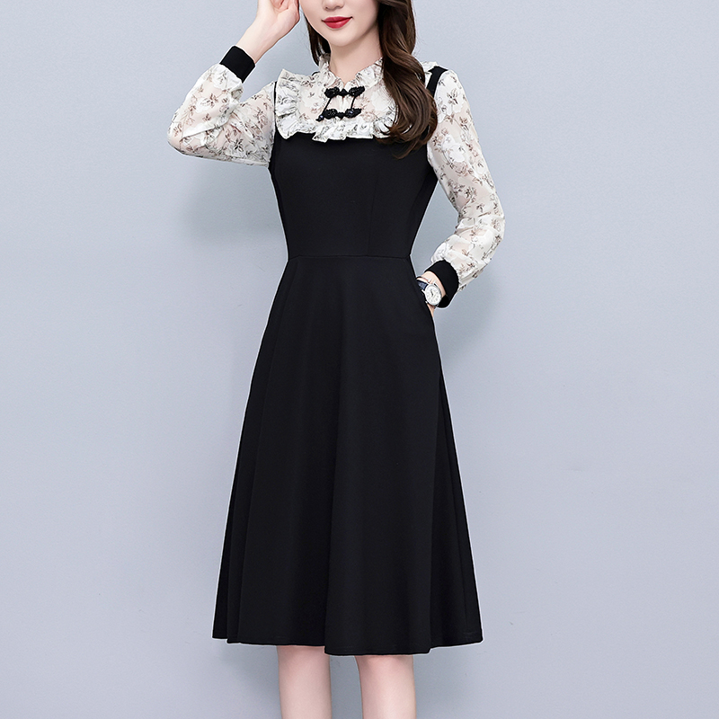 Plus Size Chiffon Print Faux Two Piece Slim Fit Midi Dress Long Sleeve Elegant - Image 3
