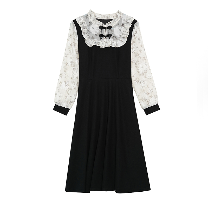Plus Size Chiffon Print Faux Two Piece Slim Fit Midi Dress Long Sleeve Elegant - Image 5
