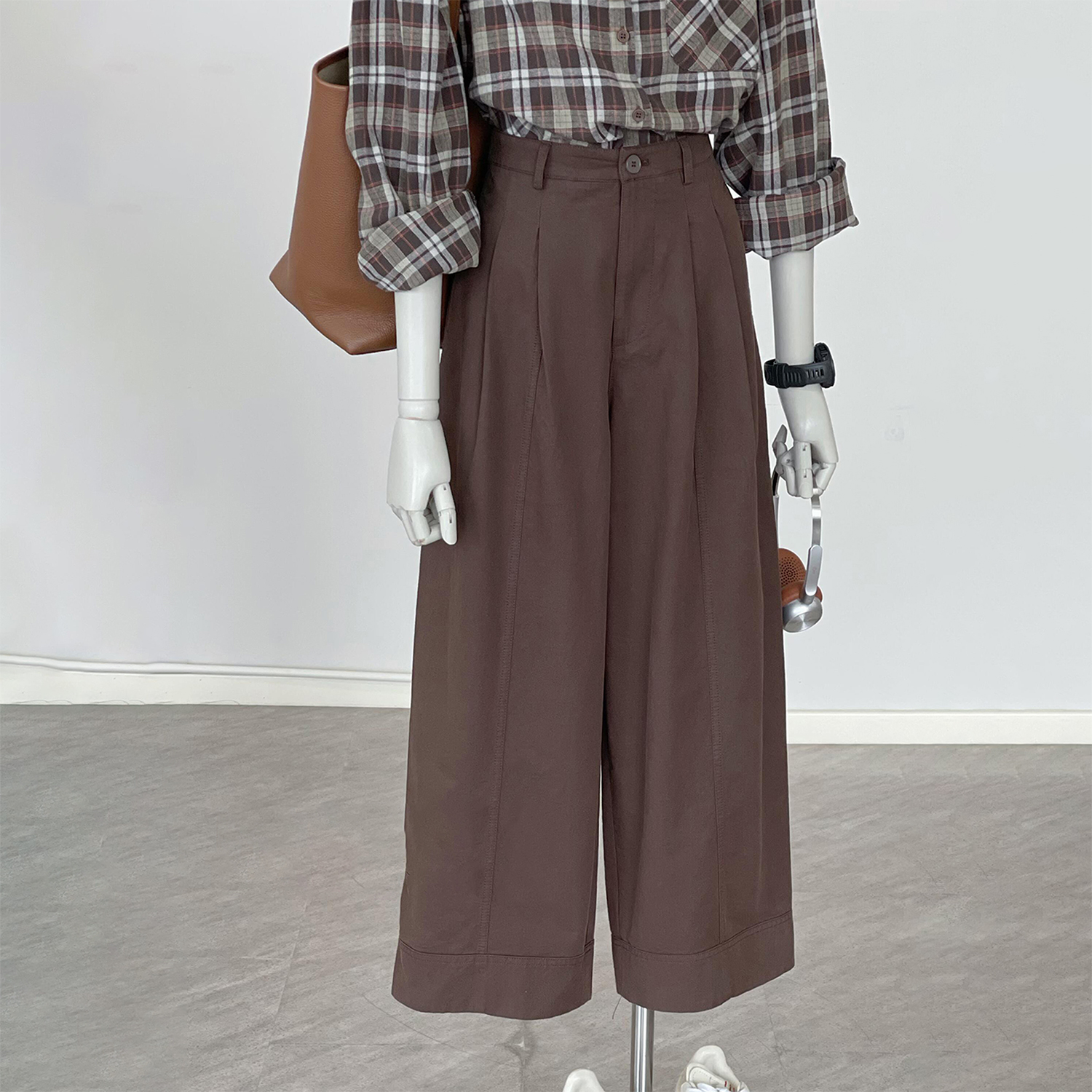 Korean Style Brown Wide-Leg Casual Pants for Women Loose Straight High Waist