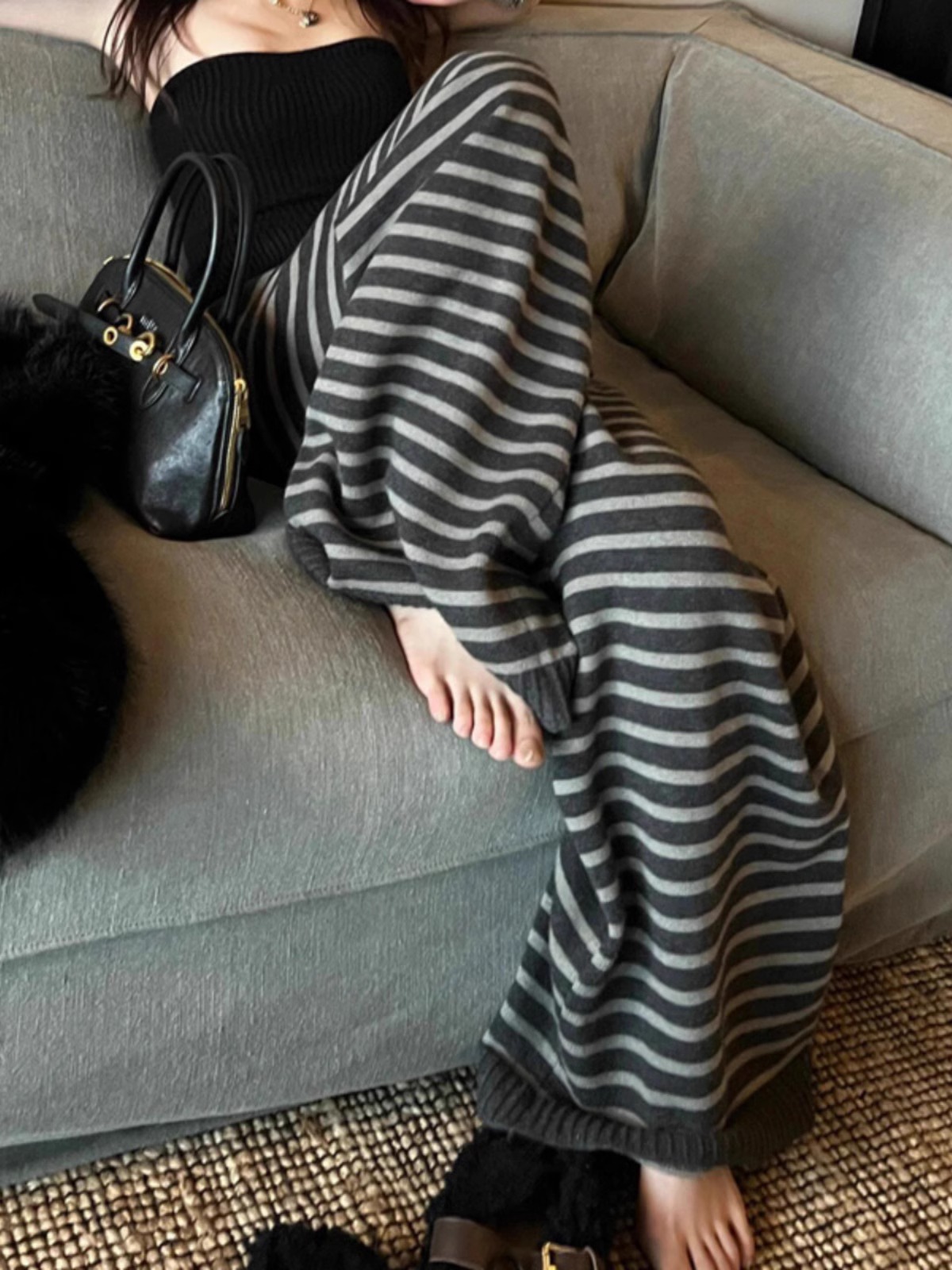Women's Relaxed Loose Straight-Leg Wide-Leg Striped Knit Pants for Autumn Winter