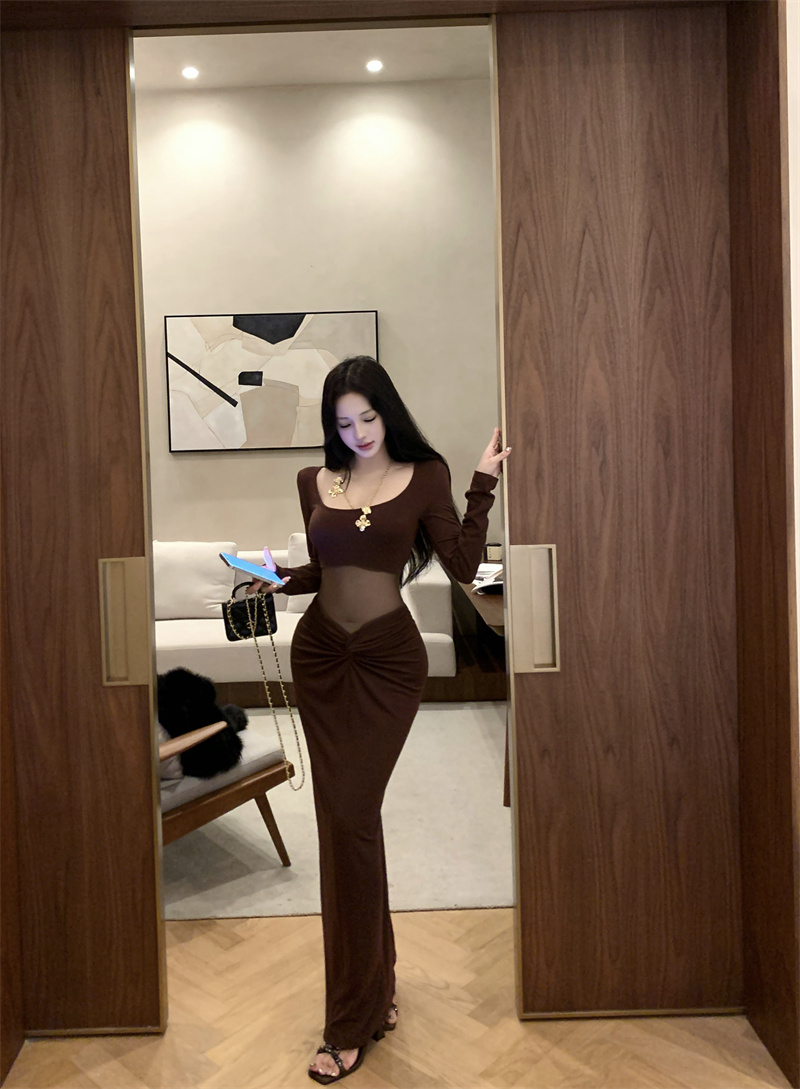 Mesh Spliced Long Sleeve U-Neck Bodycon Knit Dress - Image 2