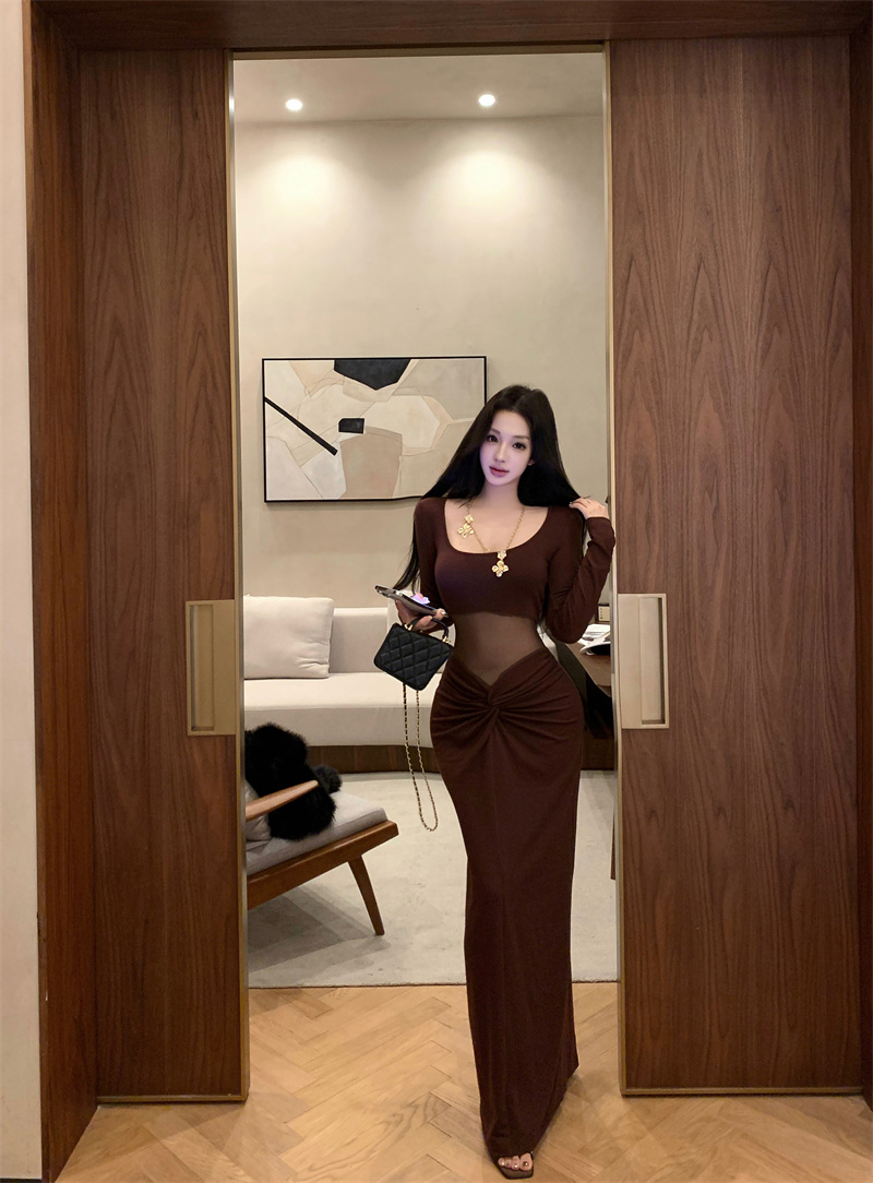 Mesh Spliced Long Sleeve U-Neck Bodycon Knit Dress - Image 4