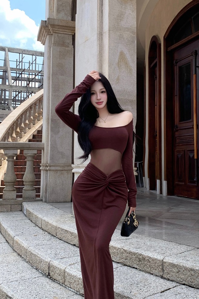 Mesh Spliced Long Sleeve U-Neck Bodycon Knit Dress - Image 5
