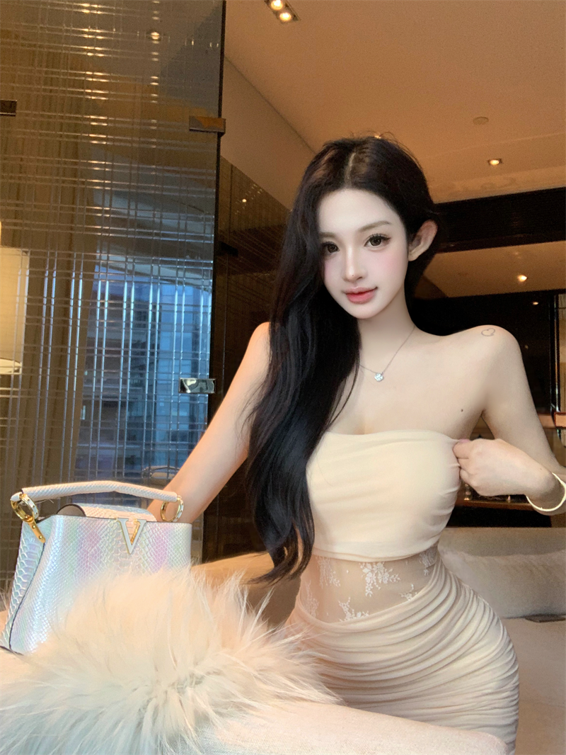 Apricot Pink Lace Strapless Bodycon Mini Dress with Padded Bust