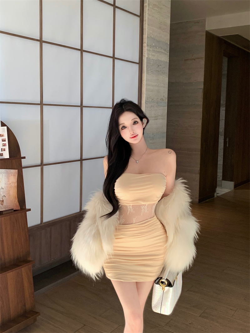 Apricot Pink Lace Strapless Bodycon Mini Dress with Padded Bust - Image 3