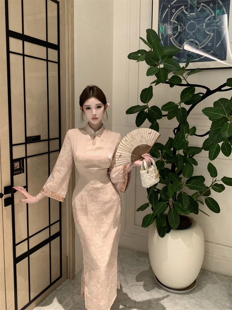 New Chinese Style Pearl Jacquard Modified Qipao Dress Women Long Sleeve