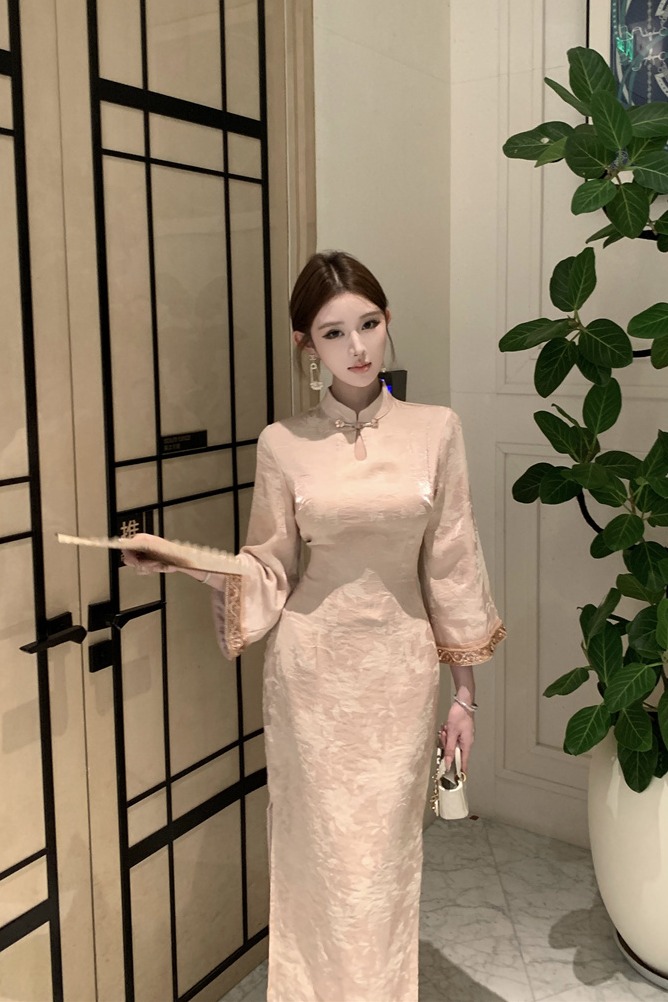 New Chinese Style Pearl Jacquard Modified Qipao Dress Women Long Sleeve - Image 5