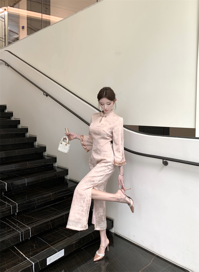 New Chinese Style Pearl Jacquard Modified Qipao Dress Women Long Sleeve - Image 3