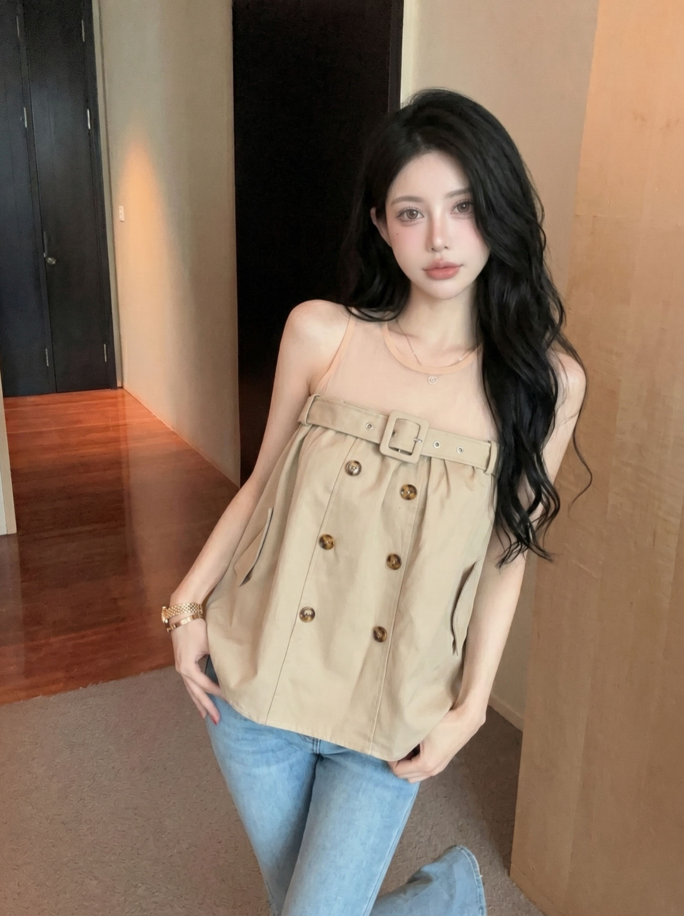Women's Retro Double-Breasted Camisole Tank Top 2026 Summer Korean Style