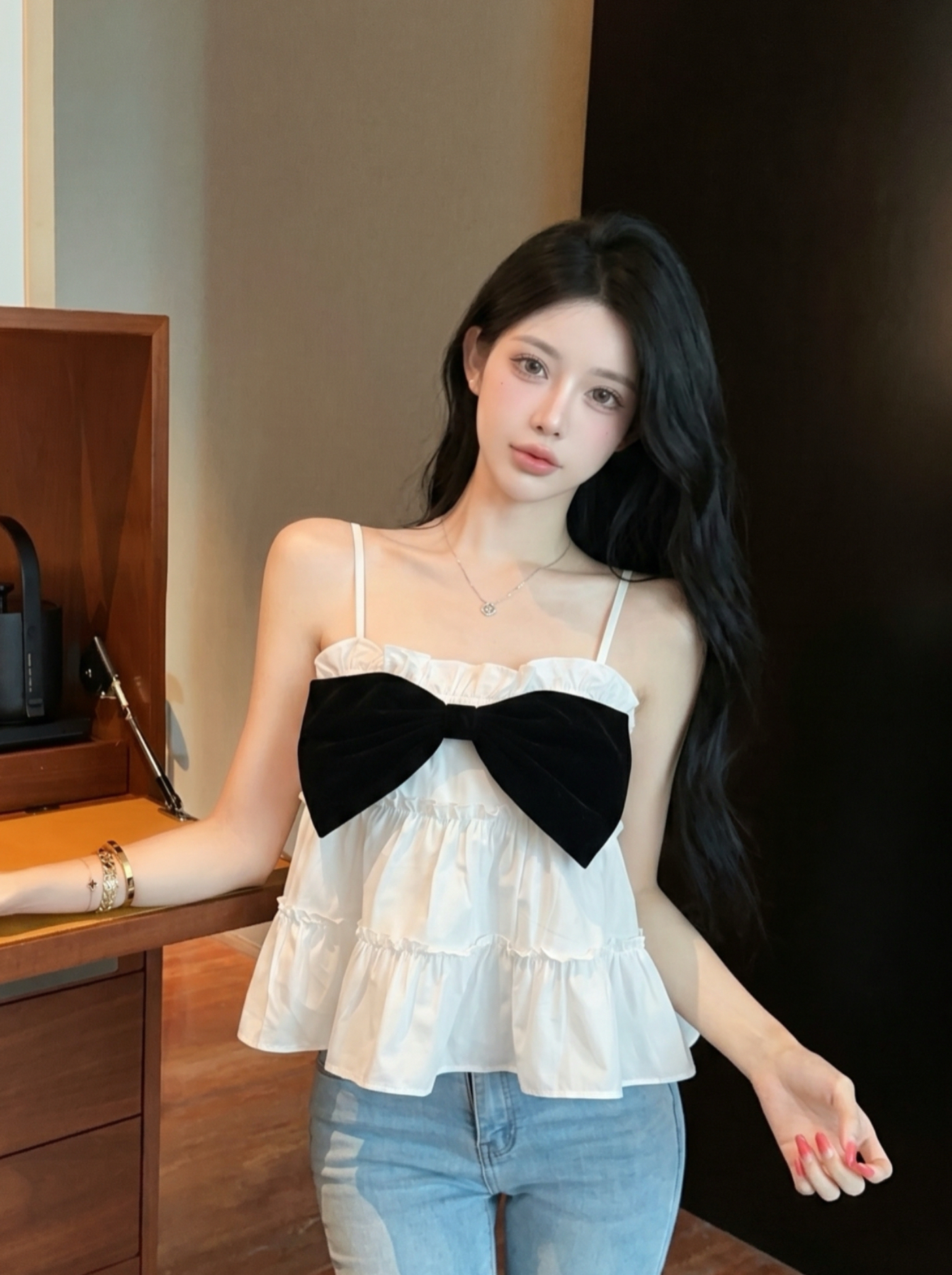 Women's Summer Bow Lace Camisole with Tiered Ruffles Resort Sleeveless Top