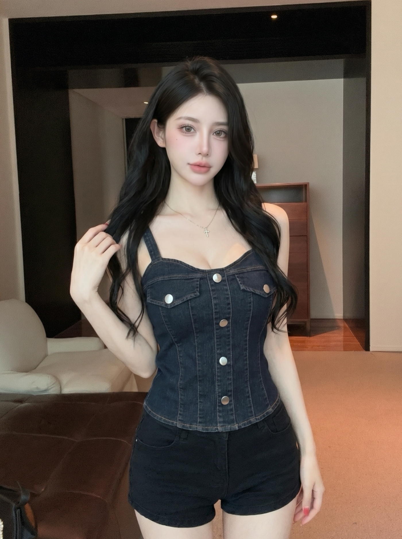 Women's V-Neck Button-Front Slimming Cropped Denim Cami Top - Image 2