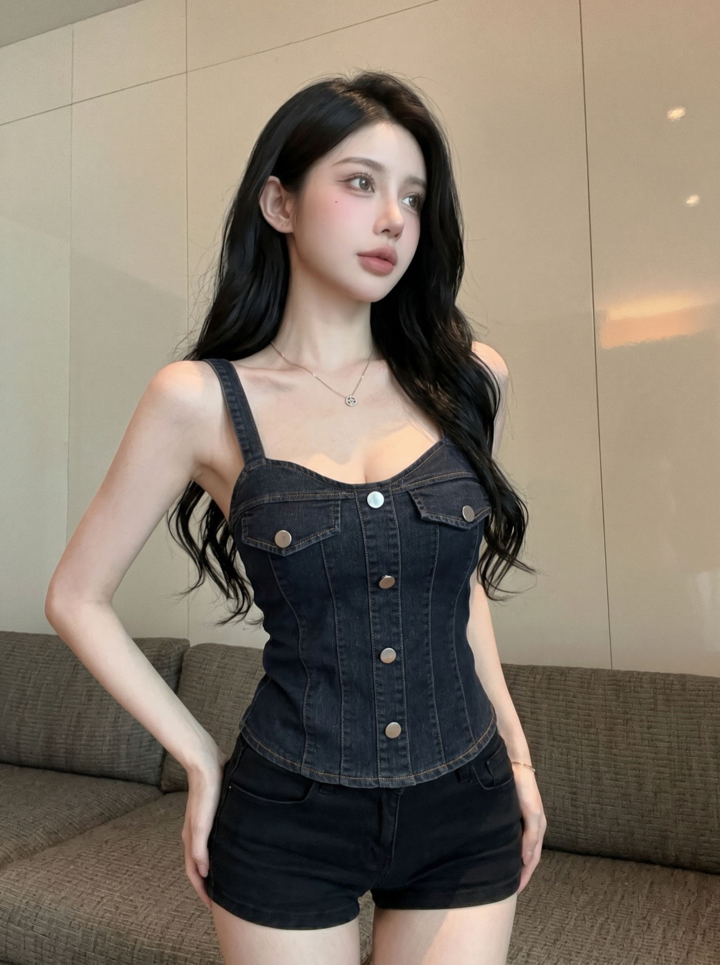 Women's V-Neck Button-Front Slimming Cropped Denim Cami Top - Image 4