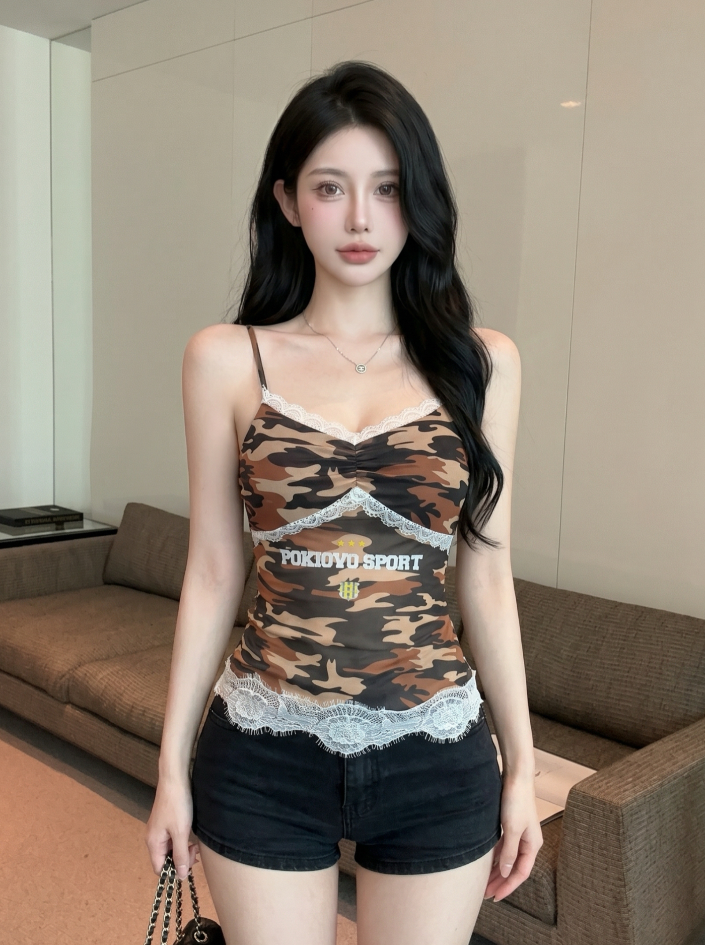 Women's American Retro Letter Print Lace Trim Camo Cami Top Slim Fit Summer - Image 4