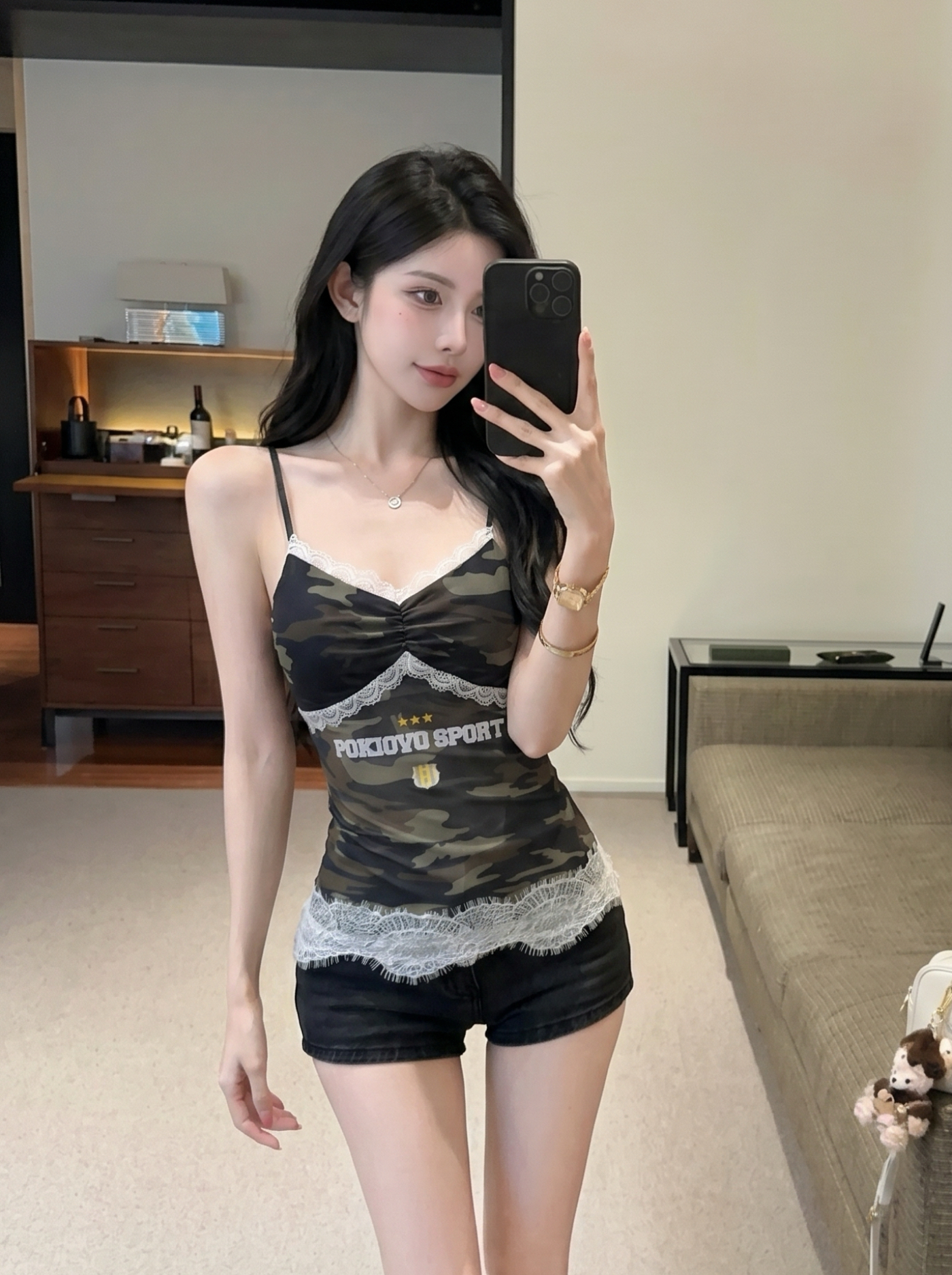 Women's American Retro Letter Print Lace Trim Camo Cami Top Slim Fit Summer - Image 3
