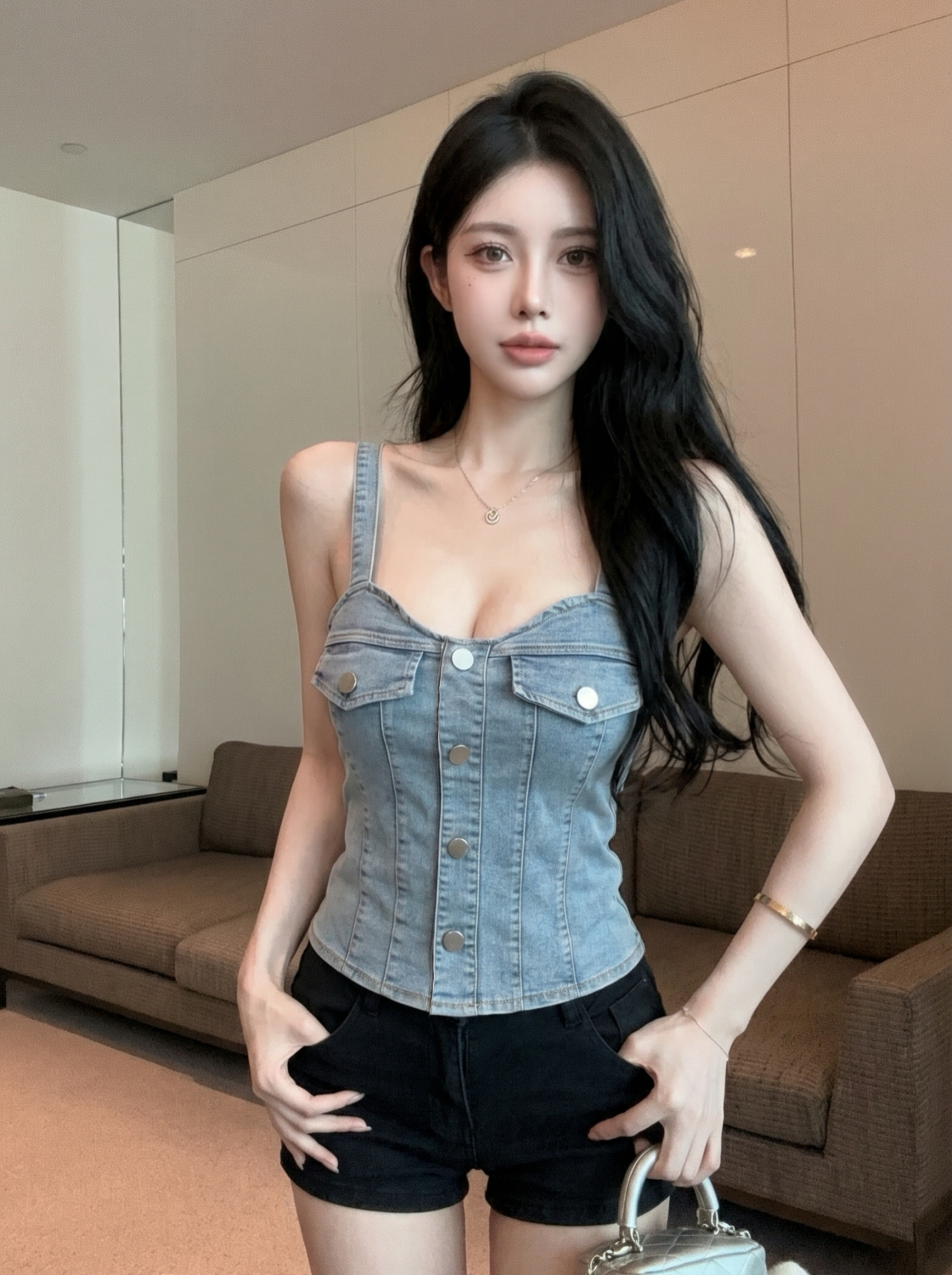 Women's V-Neck Button-Front Slimming Cropped Denim Cami Top - Image 3