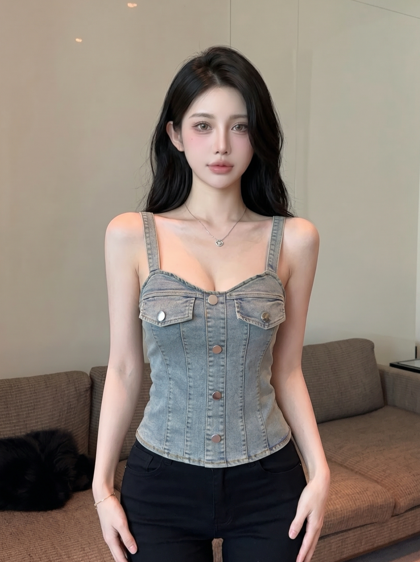 Women's V-Neck Button-Front Slimming Cropped Denim Cami Top