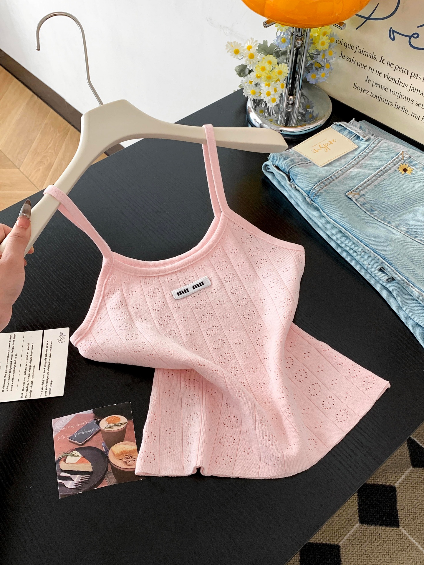 Sweet Hollow Out Crochet Knit Camisole Women Slim Fit Solid Color Tank Top
