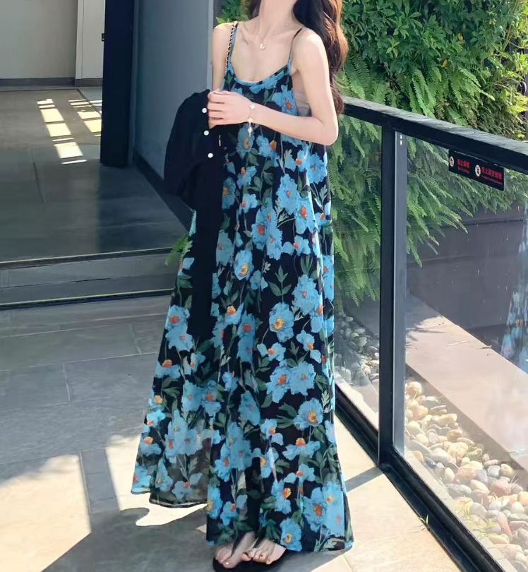 Summer French Style Blue Floral Sleeveless Dress for Women Plus Size - Image 2