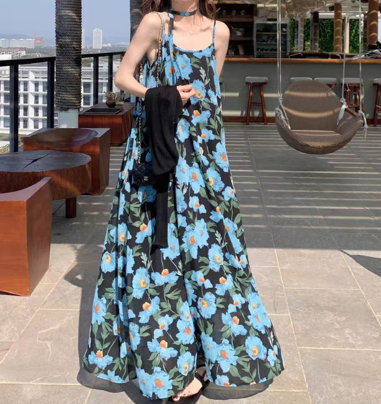 Summer French Style Blue Floral Sleeveless Dress for Women Plus Size - Image 3