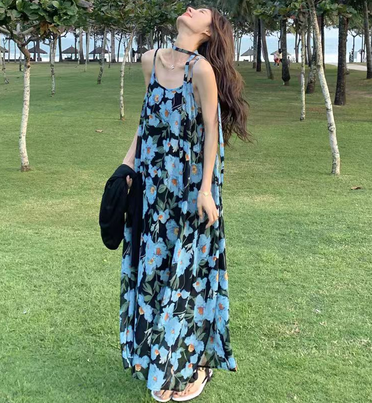 Summer French Style Blue Floral Sleeveless Dress for Women Plus Size - Image 4