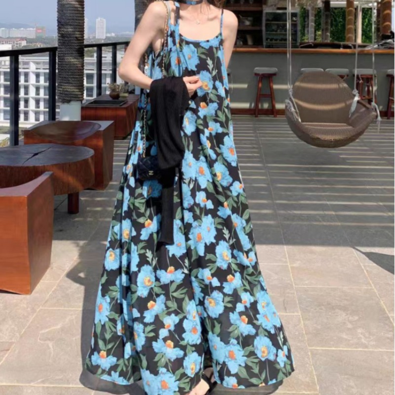 Summer French Style Blue Floral Sleeveless Dress for Women Plus Size - Image 5