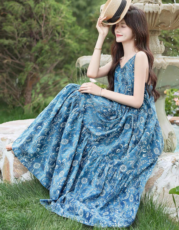Summer Loose Artistic Print Long V-Neck Cotton Slip Dress Vacation Long Skirt