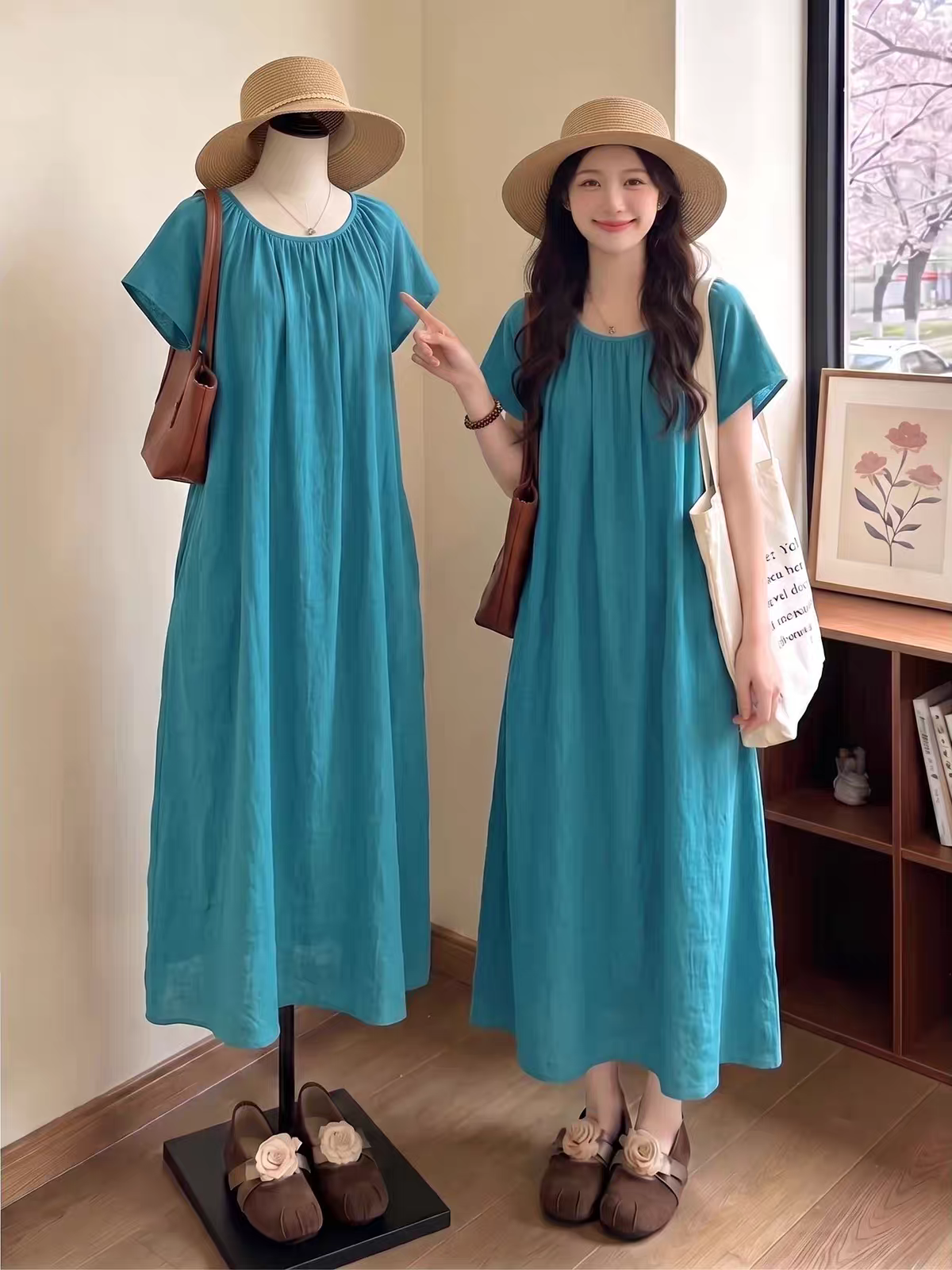 Summer French Style Short Sleeve Lazy Dress Plus Size Slimming Midi Beach Dress