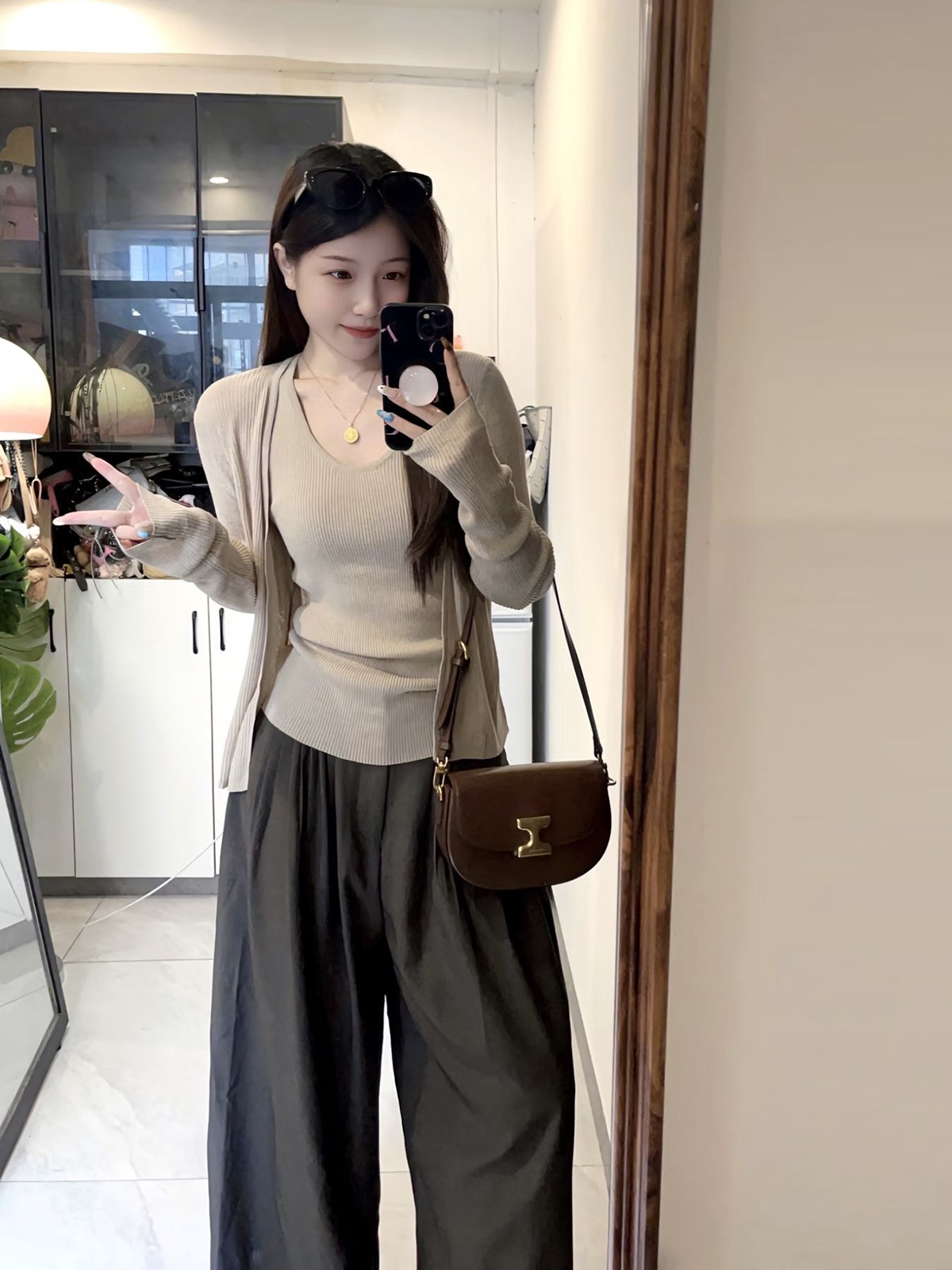 Women's Knit Cardigan and Vest Two-Piece Set in Khaki