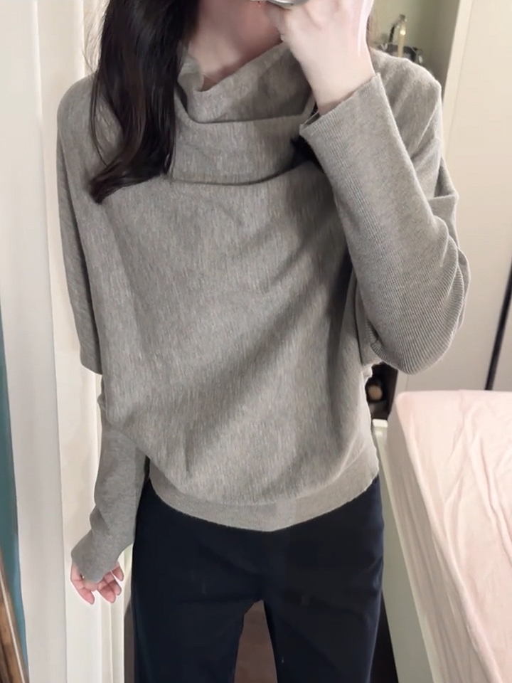 Gray Mock Neck Batwing Sleeve Pullover Sweater for Women Fall Loose Knit Top - Image 3