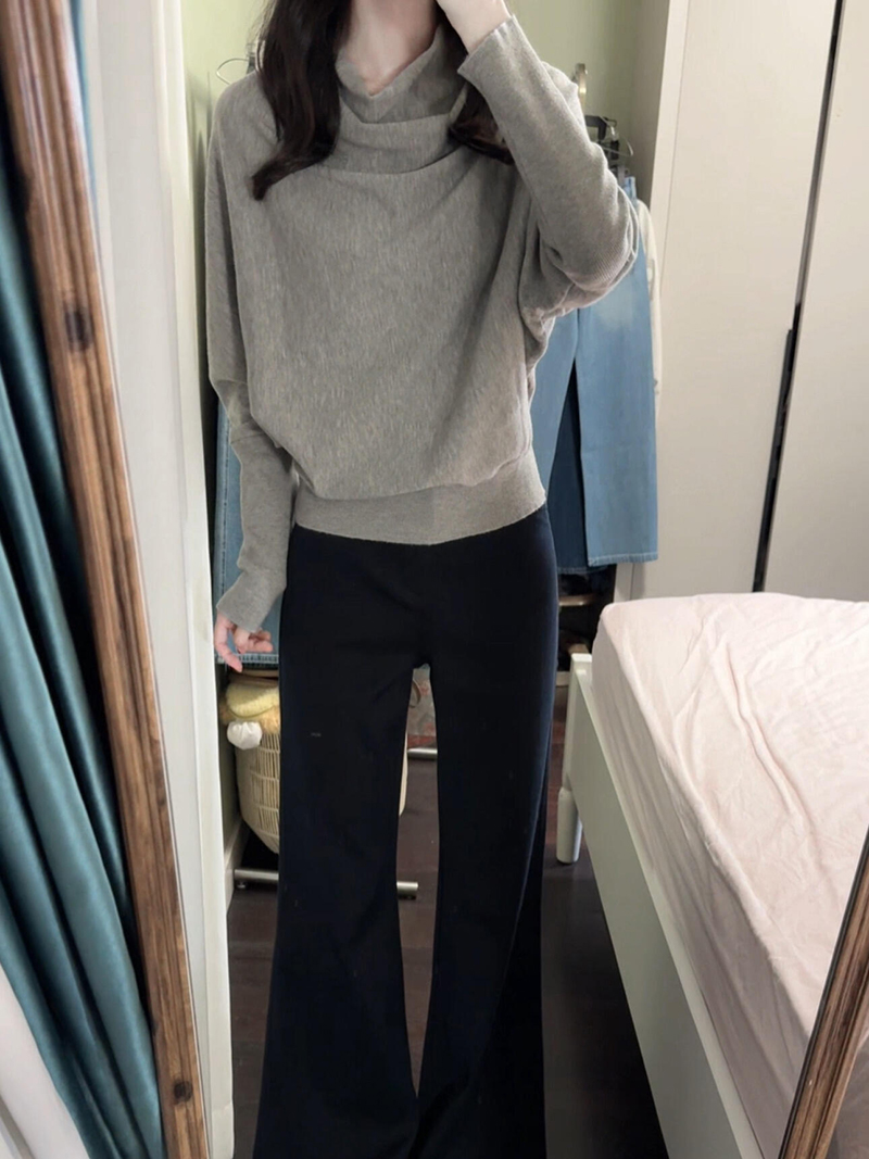 Gray Mock Neck Batwing Sleeve Pullover Sweater for Women Fall Loose Knit Top