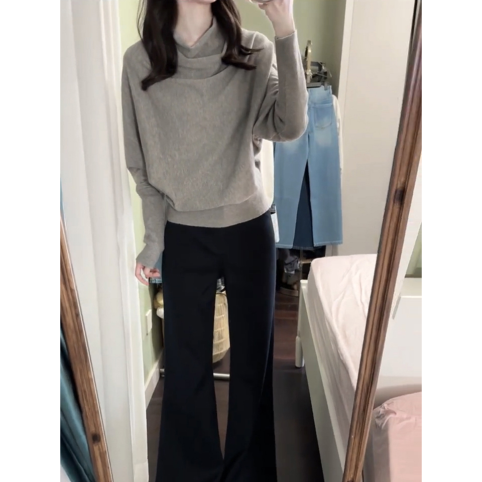Gray Mock Neck Batwing Sleeve Pullover Sweater for Women Fall Loose Knit Top - Image 5