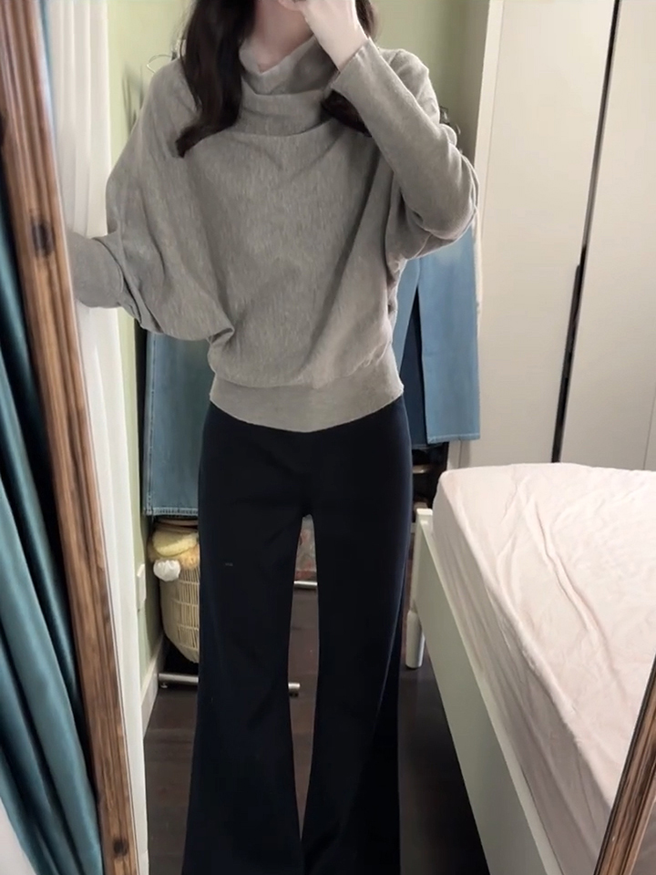 Gray Mock Neck Batwing Sleeve Pullover Sweater for Women Fall Loose Knit Top - Image 2
