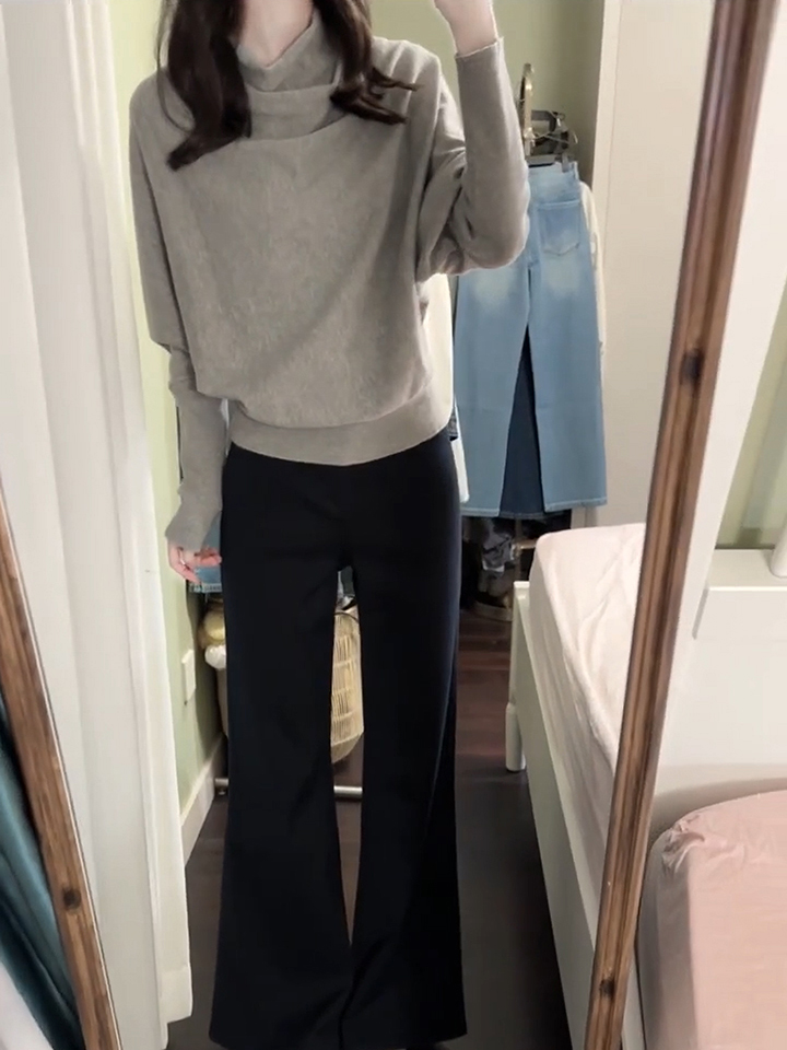 Gray Mock Neck Batwing Sleeve Pullover Sweater for Women Fall Loose Knit Top - Image 4