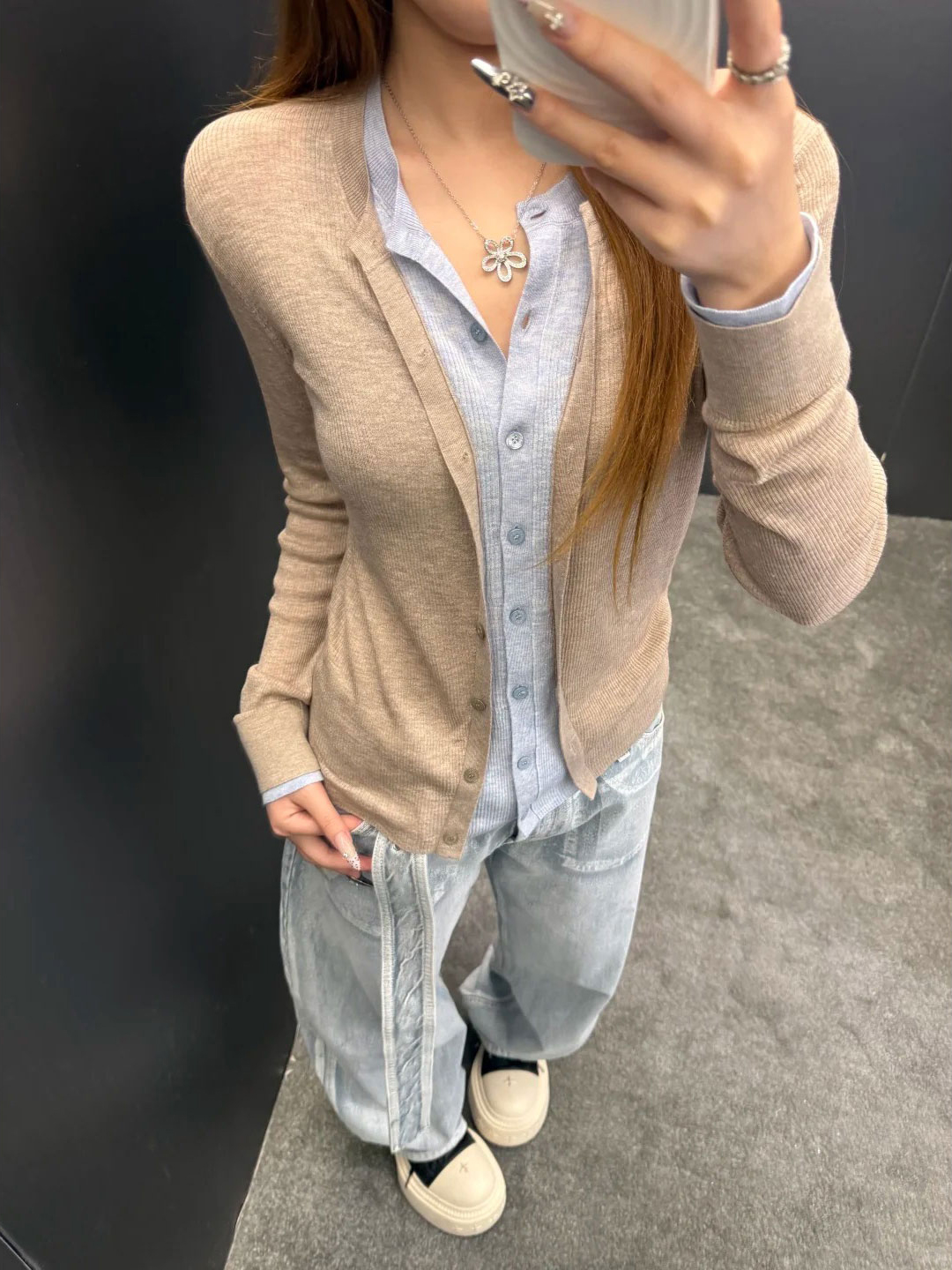 Trendy Layered Look Korean Style Slim Fit Women's Faux Two-Piece Color Block Wool Knit Cardigan