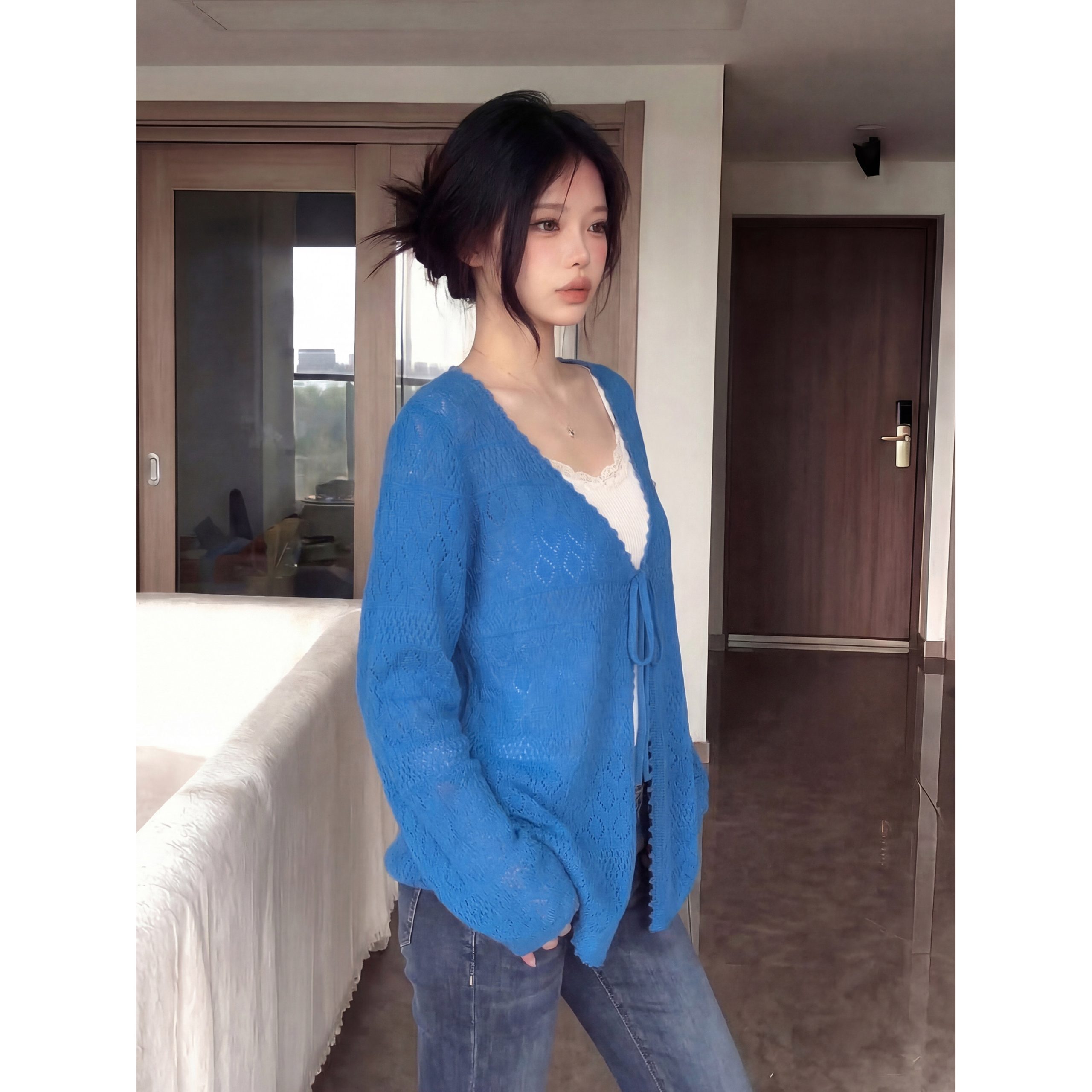 Lightweight Openwork Knit Cardigan for Women Blue Sun Protection Top - Image 5
