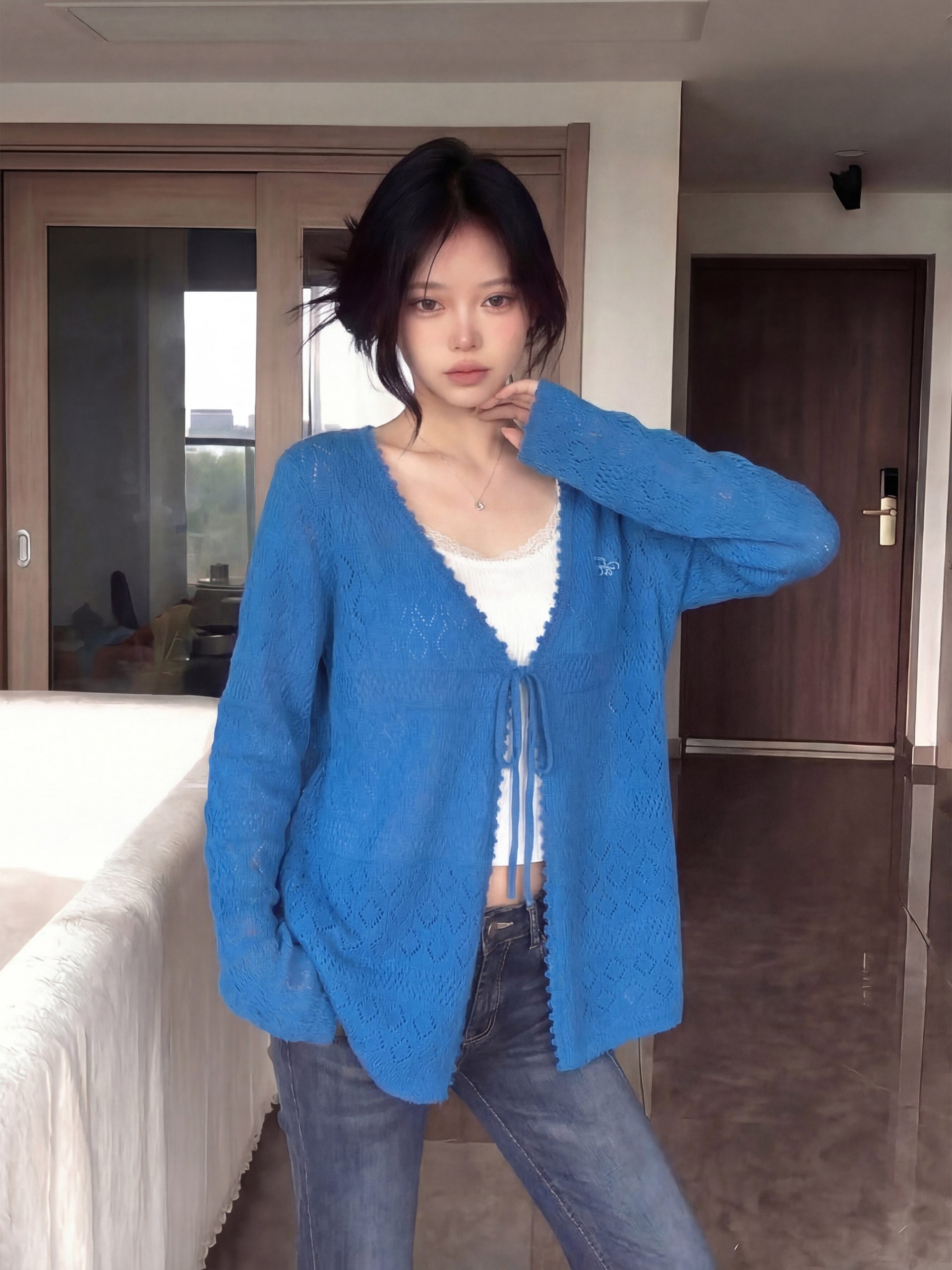 Lightweight Openwork Knit Cardigan for Women Blue Sun Protection Top
