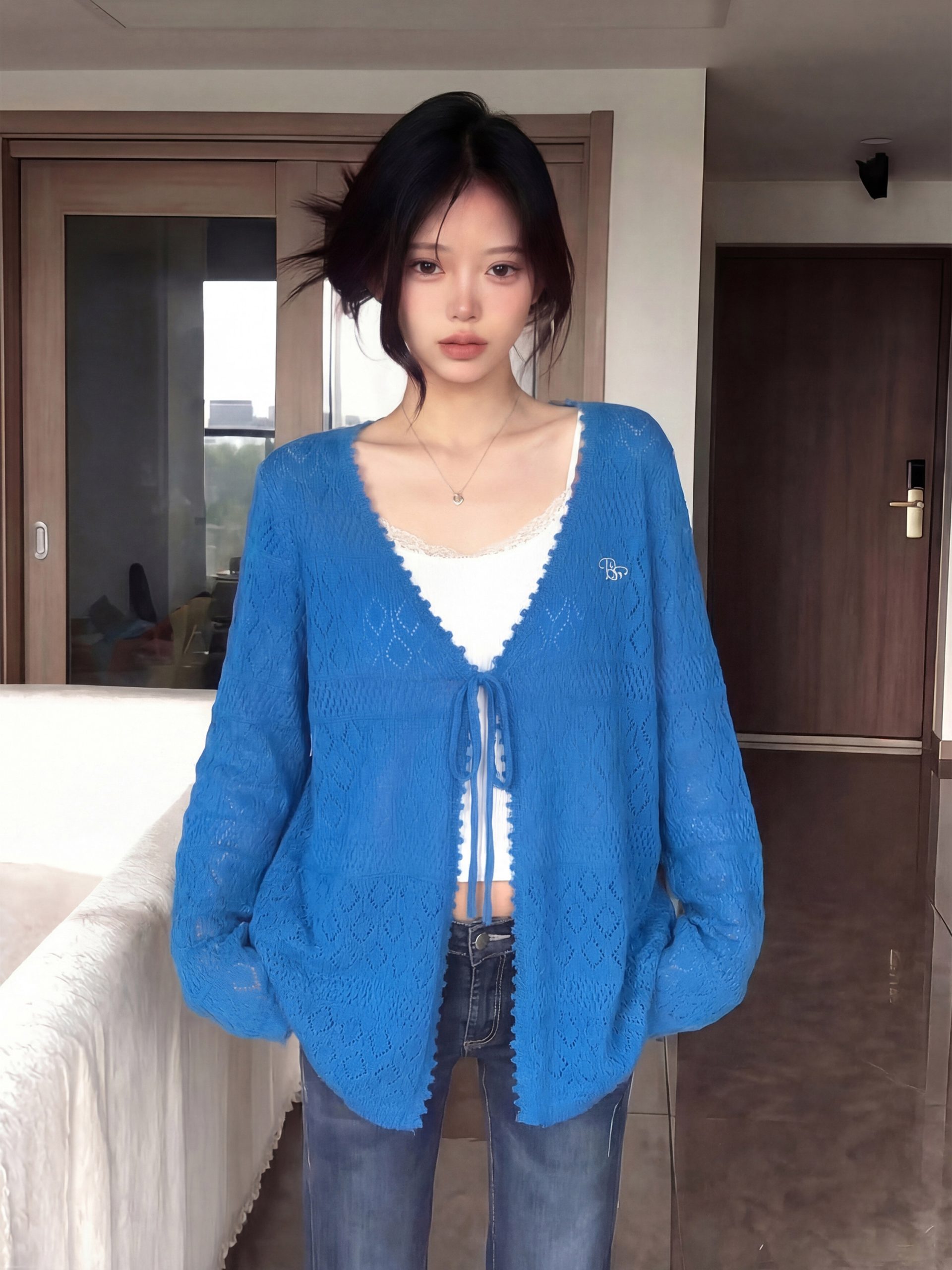 Lightweight Openwork Knit Cardigan for Women Blue Sun Protection Top - Image 2