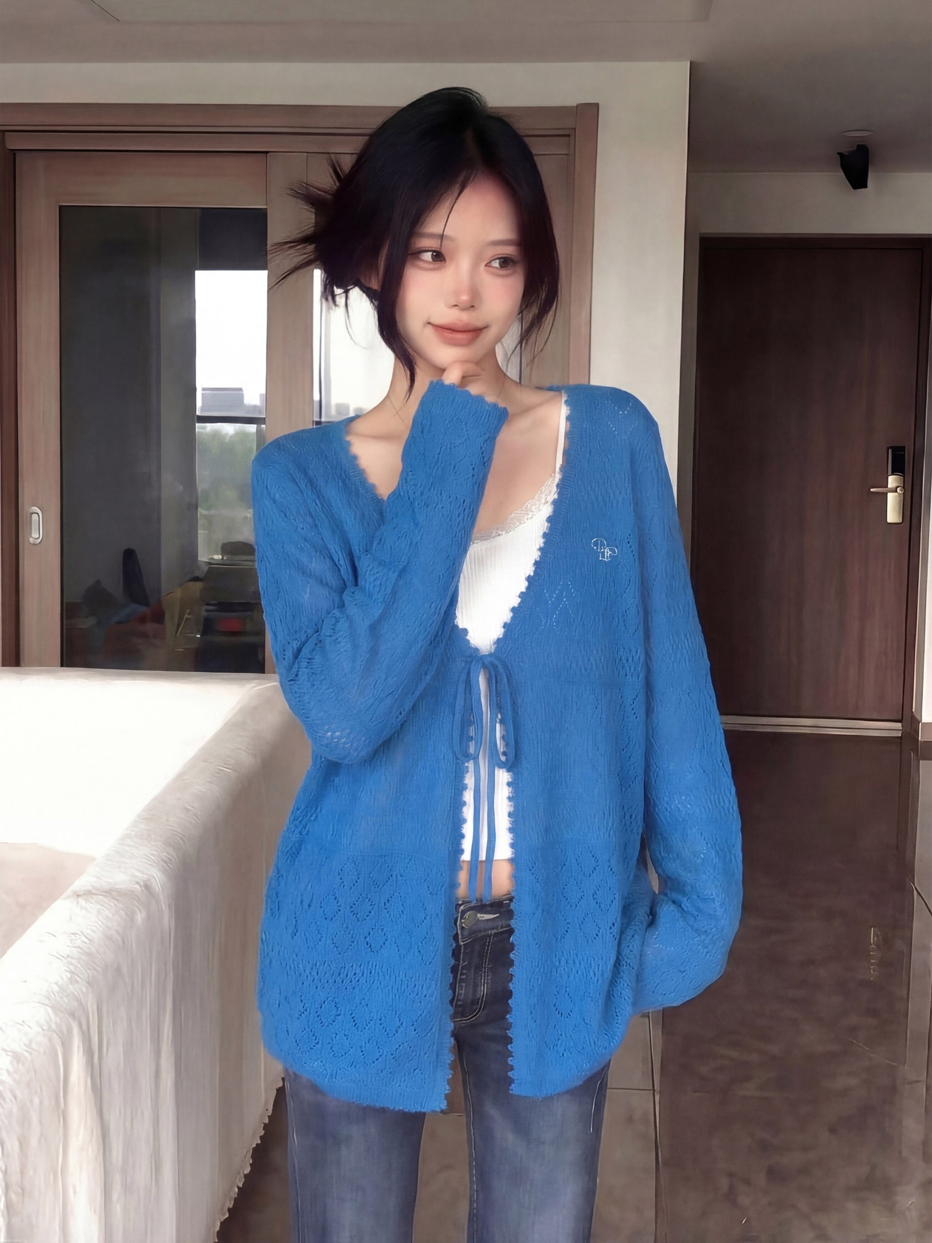 Lightweight Openwork Knit Cardigan for Women Blue Sun Protection Top - Image 3