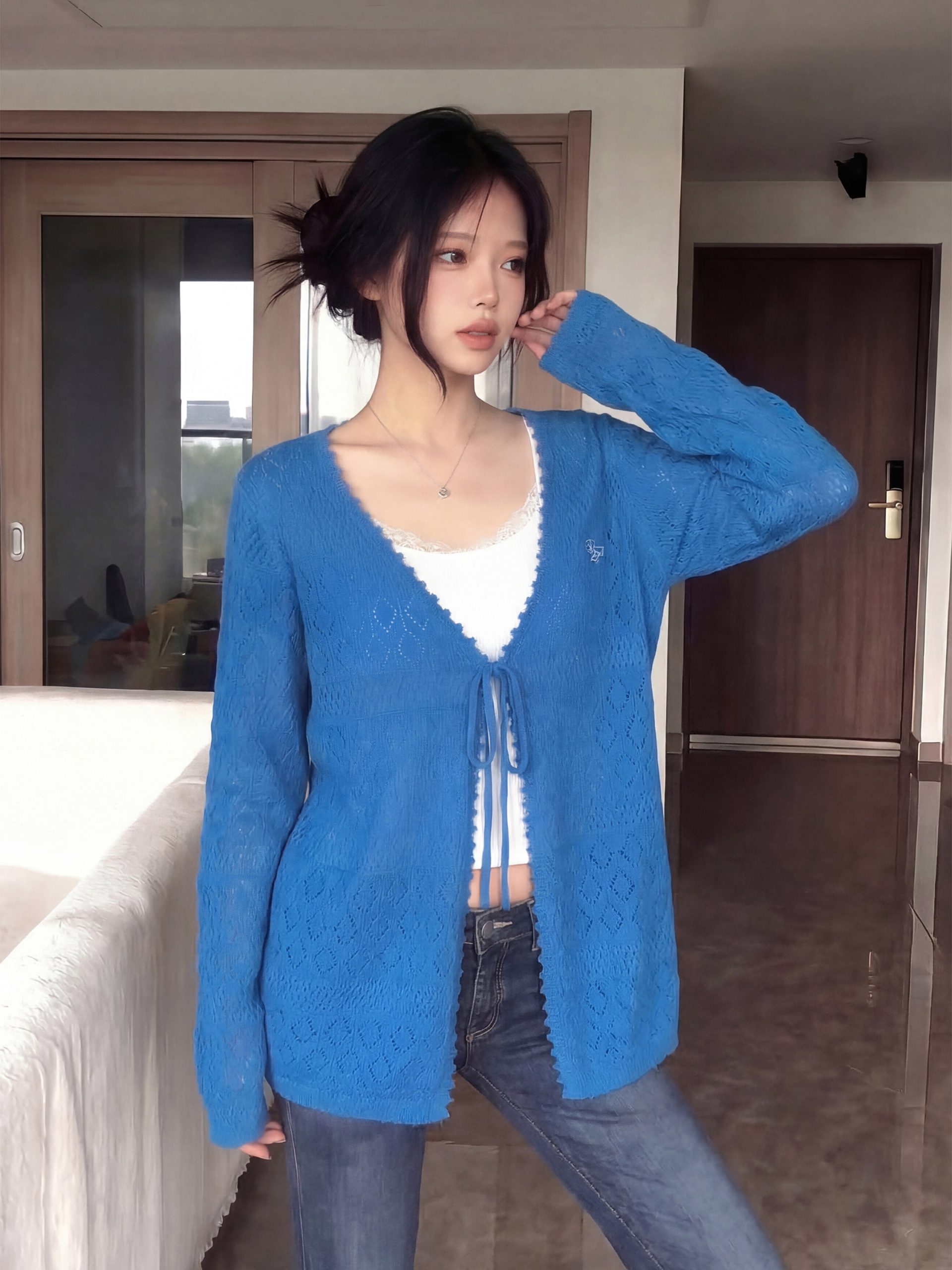Lightweight Openwork Knit Cardigan for Women Blue Sun Protection Top - Image 4