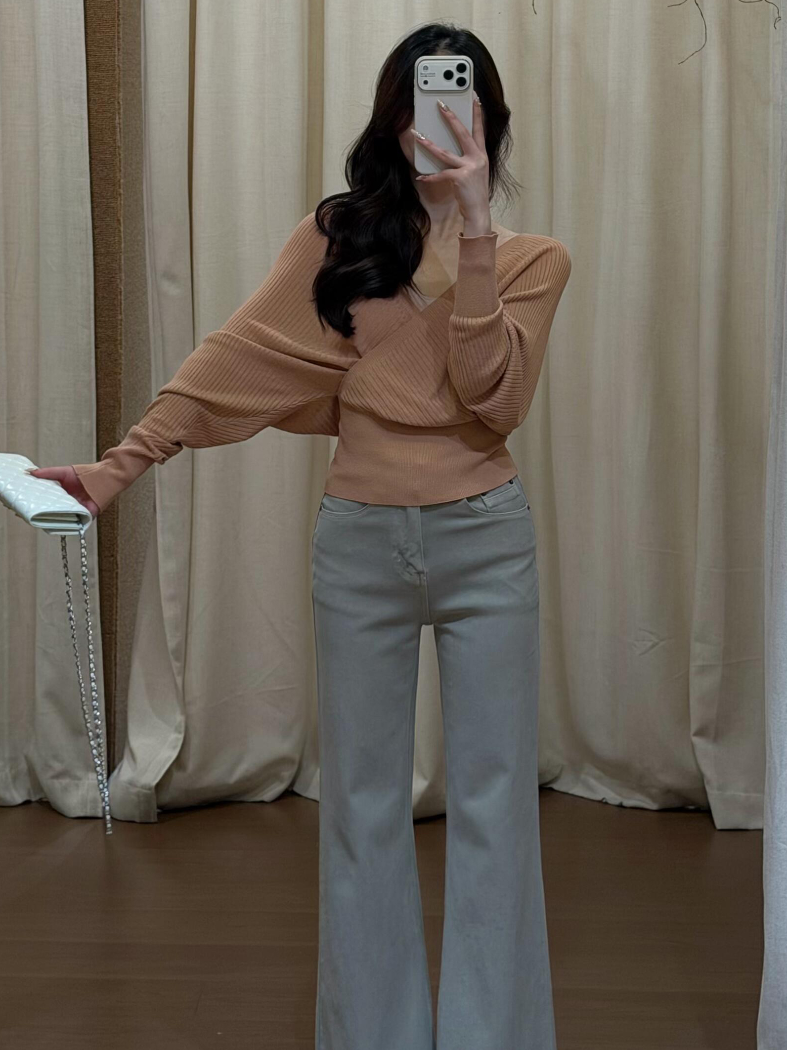 Pink Cross V-Neck Knit Top for Women Early Autumn Waist-Fitted Style - Style 5d7453